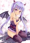  1girl artist_name bat_print commentary_request demon_girl demon_horns demon_tail demon_wings highres horns long_hair new_game! purple_hair saz strap_slip succubus suzukaze_aoba tail thigh-highs twintails violet_eyes wings 