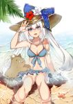  1girl :d absurdres bikini_skirt bikini_top blue_eyes boar crab fate/grand_order fate_(series) hat highres jewelry marie_antoinette_(fate/grand_order) midriff nagatsuki_take navel necklace open_mouth partially_submerged pearl_necklace ribbon silver_hair sitting smile solo sun_hat swimsuit tusks water 