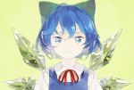  1girl blue_eyes blue_hair bow cirno closed_mouth hair_bow ice ice_wings ribbon shihou_(g-o-s) short_hair solo touhou upper_body wings yellow_background 