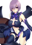  1girl adapted_costume breasts cleavage cleavage_cutout elbow_gloves fate/grand_order fate_(series) gloves hair_over_one_eye highres large_breasts looking_at_viewer magical_girl navel purple_hair shielder_(fate/grand_order) short_hair simple_background solo sukage thigh-highs violet_eyes 