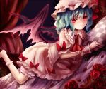  1girl ascot bat_wings blue_hair bow dress flower frilled_shirt_collar frills hat hat_ribbon maho_moco mob_cap pillow pink_dress puffy_short_sleeves puffy_sleeves red_bow red_eyes red_ribbon remilia_scarlet ribbon rose short_hair short_sleeves skirt skirt_set socks solo touhou wings wrist_cuffs 