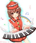  1girl :d blush brown_eyes brown_hair buttons commentary_request cowboy_shot dress_shirt frilled_shirt_collar frills hat highres instrument keyboard_(instrument) long_sleeves looking_at_viewer lyrica_prismriver musical_note open_mouth ramudia_(lamyun) red_hat red_shirt red_skirt shirt short_hair skirt skirt_set smile solo star touhou twitter_username white_wings wings 