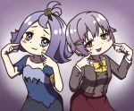  2girls :3 acerola_(pokemon) armlet blue_eyes blush brown_eyes commentary_request crossover dress elite_four hair_flaps hair_ornament hairclip half_updo idolmaster idolmaster_cinderella_girls koshimizu_sachiko look-alike multiple_girls pokemon pokemon_(game) pokemon_sm purple_hair school_uniform serafuku short_hair stitches 