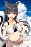  1girl animal_ears black_hair brown_eyes cat_ears cat_print cat_tail cowboy_shot fang hand_on_own_chest long_hair looking_at_viewer navel open_mouth original sky smile suitenjh tail 