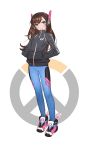  1girl animal_ears bangs black_jacket bodysuit boots brown_eyes brown_hair bunny_print closed_mouth clothes_writing d.va_(overwatch) emblem eyebrows eyebrows_visible_through_hair facepaint facial_mark full_body gwayo hands_in_pockets headphones highres jacket logo long_hair long_sleeves looking_at_viewer overwatch rabbit_ears smile solo standing whisker_markings 