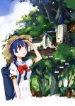  1girl alternate_headwear backpack bag bangs blouse blue_hair bow commentary_request food fruit hat hinanawi_tenshi long_hair peach puffy_short_sleeves puffy_sleeves red_bow red_eyes scenery shading_eyes short_sleeves solo squirrel standing straw_hat sweat tetsurou_(fe+) touhou upper_body white_blouse 