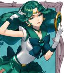  1girl bishoujo_senshi_sailor_moon choker circlet collarbone deep_aqua_mirror earrings gem gloves green_eyes green_hair green_skirt hand_in_hair heart holding jewelry kaiou_michiru long_hair mirror neptune_symbol ribbon sailor_neptune skirt solo star super_sailor_neptune upper_body white_gloves yukiusagi1983 