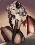  1girl ass blush breasts demon_girl demon_horns demon_wings elbow_gloves gabe_(seelunto) gloves heart heart-shaped_pupils highres horns leotard looking_back open_mouth original pantyhose red_eyes short_hair sideboob silver_hair solo succubus symbol-shaped_pupils wings 