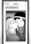  1boy 1girl bandages burn_scar cellphone cheek_kiss comic commentary english greyscale highres kantai_collection kashima_(kantai_collection) kiss monochrome phone phone_screen smartphone tagme text_messaging wangphing 