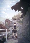  1girl bag black_hair bow bowtie building cat clouds full_body highres kagawa_yuusaku looking_at_viewer low_twintails open_mouth original outdoors path railing road school_bag school_uniform skirt sky solo stairs standing tree twintails 