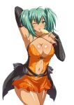  1girl armpits black_gloves breasts cleavage collarbone elbow_gloves eyebrows eyebrows_visible_through_hair fingerless_gloves gloves green_eyes green_hair hand_behind_head ikkitousen large_breasts looking_at_viewer navel one_eye_closed ryofu_housen shiny shiny_skin short_twintails solo tongue tongue_out twintails 