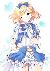  1girl ;) alternate_costume blonde_hair blush bow brown_eyes buttons djeeta_(granblue_fantasy) gloves granblue_fantasy hair_bow hair_ribbon heart heart_hands kimi_to_boku_no_mirai looking_at_viewer one_eye_closed open_mouth puffy_short_sleeves puffy_sleeves purin_jiisan ribbon short_hair short_sleeves skirt smile solo white_gloves 