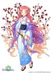  1girl city_forest_online closed_eyes copyright_name double_bun facing_viewer flower_knight_girl japanese_clothes kimono long_hair obi object_namesake official_art pink_hair sandals sash see-through smile solo standing sword ume_(flower_knight_girl) weapon white_background yukata 