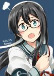  1girl :o artist_name black-framed_eyewear black_hair blue_eyes blush check_commentary commentary_request dated glasses hairband highres kamelie kantai_collection long_hair long_sleeves looking_at_viewer necktie ooyodo_(kantai_collection) open_mouth school_uniform semi-rimless_glasses serafuku short_sleeves simple_background solo under-rim_glasses upper_body 
