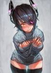  1girl black_hair black_legwear blue_sweater blush breasts covering covering_breasts embarrassed eyebrows eyebrows_visible_through_hair eyepatch fenris hair_ornament hands_on_own_chest kantai_collection large_breasts leaning_forward looking_at_viewer open-chest_sweater short_hair sleeves_past_wrists solo sweatdrop sweater tearing_up tenryuu_(kantai_collection) thigh-highs wavy_mouth yellow_eyes 