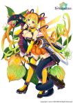  1girl arm_warmers blonde_hair breasts city_forest_online cleavage copyright_name drill_hair earrings flower flower_knight_girl green_hair hairband heart heart_earrings hoozuki_(flower_knight_girl) jewelry large_breasts leaning_forward long_hair looking_at_viewer multicolored_hair object_namesake official_art orange_skirt shoes skirt smile snake solo thigh-highs twin_drills twintails white_background yellow_eyes yellow_legwear 