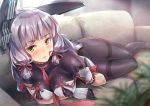  1girl between_breasts blush commentary_request couch covered_nipples gloves grey_hair hair_ribbon headgear kantai_collection kotatsu_(kotatsu358) long_hair looking_at_viewer lying murakumo_(kantai_collection) necktie on_couch on_side pantyhose parted_lips ribbon thighband_pantyhose tress_ribbon yellow_eyes 