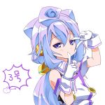  1boy asio_(asiogimuto) blue_eyes blue_hair eyebrows eyebrows_visible_through_hair gloves hacka_doll hacka_doll_3 index_finger_raised long_hair looking_at_viewer male_focus simple_background solo trap v white_background white_gloves 