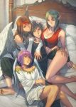  1boy 3girls angel ass_grab bare_shoulders barefoot bed belt black_eyes black_hair blue_eyes breasts cleavage detached_sleeves elf from_above green_eyes hand_on_head homare_(fool&#039;s_art) long_hair lying multicolored_hair multiple_girls navel on_back on_side original pointy_ears purple_hair short_hair shorts smile two-tone_hair violet_eyes wings wristband 