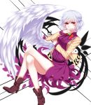  1girl bare_legs boots braid breasts covering_mouth crossed_legs dress french_braid high_heel_boots high_heels highres jacket kishin_sagume medium_breasts purple_dress red_eyes sheya short_dress silver_hair single_wing touhou wings 