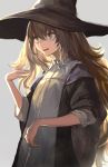  1girl artist_name backlighting bangs black_hat black_jacket blonde_hair blue_eyes collared_dress dress hair_between_eyes hat highres jacket long_hair open_clothes open_jacket open_mouth original silver_background solo suzki00 sweat text very_long_hair white_dress witch_hat 