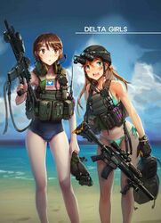  :d assault_rifle backpack bag beach bikini blonde_hair blue_eyes brown_eyes brown_hair clouds collarbone eotech flashlight gloves gun headset helmet hydration_carrier laser_sight leaning_forward legs light_stick load_bearing_vest long_hair looking_to_the_side m4_carbine maniac7 night_vision_device old_school_swimsuit one-piece_swimsuit open_mouth original radio_transceiver rifle school_swimsuit scope short_hair sky sling smile suppressor swimsuit thighs trigger_discipline vest watch watch water weapon 