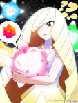 1girl ? bangs bare_arms bare_shoulders blonde_hair blush commentary dragonith dress green_eyes hair_over_one_eye highres holding long_hair lusamine_(pokemon) super_mario_bros. minior minior_(shields_down) multicolored_dress multicolored_hair nail_polish pokemon pokemon_(game) pokemon_sm short_dress sleeveless sleeveless_dress super_mario_galaxy two-tone_hair very_long_hair watermark web_address yellow_nails 