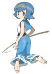  1girl bare_shoulders barefoot blue_eyes blue_hair feet fishing_rod hairband kneeling looking_back oyatsu_(mk2) pants pokemon pokemon_(game) pokemon_sm short_hair soles solo suiren_(pokemon) toes 