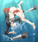  1girl :d ass bikini blue_eyes blue_hair blush_stickers demon_horns fish highres horns jacket jewelry long_hair lux_(pixiv4480548) necklace open_mouth remodel_(zhan_jian_shao_nyu) smile solo swimsuit thigh_strap torpedo u47_(zhan_jian_shao_nyu) underwater upside-down zhan_jian_shao_nyu 