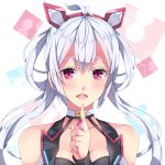  1girl ahoge bare_shoulders blue_hair breasts choker cleavage index_finger_raised long_hair matoi_(pso2) milkpanda open_mouth phantasy_star phantasy_star_online_2 pink_eyes solo twintails 