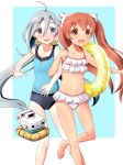  2girls ahoge bare_arms bare_shoulders barefoot bikini brown_eyes brown_hair collarbone eyebrows eyebrows_visible_through_hair fang frilled_bikini frills garters grey_eyes grey_hair gudon_(iukhzl) hair_between_eyes hair_ribbon innertube kantai_collection kiyoshimo_(kantai_collection) libeccio_(kantai_collection) locked_arms long_hair looking_at_viewer low_twintails midriff multiple_girls navel open_mouth polka_dot_ribbon ribbon round_teeth shiny shiny_skin swimsuit tankini teeth twintails 