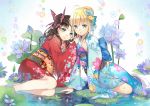  2girls ahoge arm_support blonde_hair blue_kimono braid brown_hair ekira_nieto fate/stay_night fate_(series) floral_background floral_print flower french_braid green_eyes hair_flower hair_ornament hand_on_another&#039;s_shoulder hand_on_own_chest highres japanese_clothes kimono leaning_on_person lily_pad long_hair looking_at_viewer lotus multiple_girls obi parted_lips red_kimono saber sash sitting smile tabi teeth toosaka_rin twintails water yokozuwari 