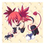 1girl artist_name bat_wings demon_girl demon_tail demon_wings disgaea earrings etna flat_chest highres iwasi-r jewelry mini_wings navel patterned_background pointy_ears red_eyes redhead skull skull_earrings solo special_moves tail wings 