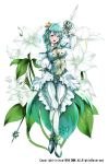  1girl alp anklet aqua_hair blush bodysuit crossed_legs crown eucharis_(flower_knight_girl) flower flower_knight_girl frills full_body gloves green_eyes hand_on_hip jewelry looking_at_viewer mini_crown object_namesake official_art polearm short_hair short_twintails smile solo spear standing twintails weapon white_gloves wide_hips 
