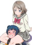  2girls arm_support asphyxiation blue_eyes blue_hair blush brown_hair choke_hold choking clenched_teeth commentary_request foaming_at_the_mouth full-face_blush hair_bun long_hair looking_at_another looking_down love_live! love_live!_sunshine!! multiple_girls rolling_eyes short_hair smile strangling tears teeth trembling triangle_choke tsushima_yoshiko violet_eyes watanabe_you youkan 