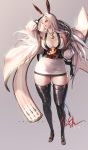  1girl animal_ears black_legwear blade_&amp;_soul breasts dress highres large_breasts microdress nightmadness original rabbit_ears silver_hair thick_thighs thigh-highs thighs 