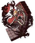  1girl alternate_costume belt blonde_hair cape faux_figurine from_above full_moon hair_over_one_eye highres hood isometric moon open_mouth red_eyes red_hood rumia solo teeth the_maa touhou white_background 