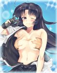  1girl ahoge bandeau black_hair blush breasts brown_eyes japanese_clothes kantai_collection large_breasts long_hair looking_at_viewer navel off_shoulder one_eye_closed shouhou_(kantai_collection) single_bare_shoulder single_glove skirt solo sparkle taki_(nakochan) torn_clothes wince yugake 