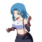  1girl bare_shoulders blue_eyes blue_hair breasts cato_(monocatienus) clenched_hands cosplay crop_top final_fantasy final_fantasy_vii fingerless_gloves gloves kumoi_ichirin large_breasts looking_at_viewer midriff navel simple_background solo suspenders tifa_lockhart tifa_lockhart_(cosplay) touhou white_background 