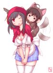  2girls ahoge animal_costume apron big_bad_wolf big_bad_wolf_(cosplay) black_hair blue_eyes braid breast_press breasts cape cleavage cloak commentary_request cosplay dated hair_ornament highres hood hoodie kanon_(kurogane_knights) kantai_collection large_breasts little_red_riding_hood little_red_riding_hood_(cosplay) little_red_riding_hood_(grimm) long_hair looking_at_another looking_at_viewer miniskirt multiple_girls o_o on_shoulder one_eye_closed plaid plaid_skirt red_eyes shigure_(kantai_collection) shirt short_hair simple_background single_braid skirt skirt_set tail_wagging thigh-highs waist_apron watermark white_background white_legwear white_shirt wolf_costume yamashiro_(kantai_collection) 