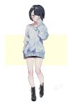  1girl artist_name black_hair blue_eyes boots collarbone full_body highres original short_hair sleeves_past_wrists solo standing sweater uni_(melm) v-neck white_background yellow_background 