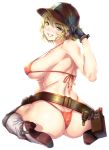  1girl ass baseball_cap belt bikini black_gloves blonde_hair blush boots breasts cidney_aurum final_fantasy final_fantasy_xv gloves green_eyes grin hat highres holster kink large_breasts looking_at_viewer pouch red_bikini short_hair simple_background sitting smile solo swimsuit wariza white_background 