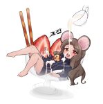  1girl absurdres animal_ears barefoot brown_eyes brown_hair cream cup dirty dress food fruit full_body highres knees_up legs long_hair lying minigirl mouse_ears no_tail on_back open_mouth original short_dress solo strawberry thighs tongue tongue_out wowo2469 