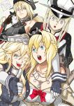  4girls :3 bare_shoulders bismarck_(kantai_collection) black_cat blonde_hair blue_eyes breasts cat cleavage commentary_request crown elbow_gloves fingerless_gloves gloves graf_zeppelin_(kantai_collection) hair_between_eyes hat headgear highres iowa_(kantai_collection) jewelry kantai_collection large_breasts long_hair mini_crown multiple_girls munmu-san off_shoulder one_eye_closed open_mouth peaked_cap star star-shaped_pupils sweatdrop symbol-shaped_pupils thumbs_up unsinkable_sam warspite_(kantai_collection) 