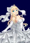  1girl :d absurdres ahoge blonde_hair blue_eyes breasts choker cleavage dress flower gloves highres jewelry kongou_(zhan_jian_shao_nyu) lace lace-trimmed_dress long_hair looking_at_viewer open_mouth ring rose sash smile solo strapless strapless_dress veil wedding_dress white_dress white_gloves white_rose zhan_jian_shao_nyu zhudacaimiao 
