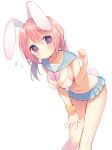  1girl animal_ears ass_visible_through_thighs bikini_top blush breasts bunny_girl bunny_tail cleavage flying_sweatdrops hand_on_own_thigh leaning_forward low_twintails medium_breasts microskirt navel pink_eyes pink_hair pleated_skirt rabbit_ears sailor_collar scrunchie simple_background skirt solo tail twintails usashiro_mani white_background white_bikini_top wrist_scrunchie 