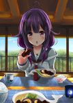  1girl :o ahoge amagami_(makise_tsubaki) apron bangs blush chestnut_mouth cup feeding foreshortening hair_flaps highres incoming_food jewelry kantai_collection long_sleeves looking_at_viewer magatama mug necklace necktie open_mouth pink_eyes plate pov pov_feeding purple_hair railing red_eyes rice rice_bowl ring sidelocks solo strap_slip taigei_(kantai_collection) whale_print 
