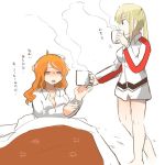  2girls aquila_(kantai_collection) bare_legs blonde_hair bottomless closed_eyes cup futon graf_zeppelin_(kantai_collection) hair_down kantai_collection messy_hair multiple_girls no_legwear open_clothes open_mouth open_shirt orange_hair pillow rebecca_(keinelove) shirt steam translated 