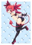  1girl artist_name bat_wings demon_girl demon_tail demon_wings disgaea earrings etna flat_chest highres iwasi-r jewelry makai_senki_disgaea mini_wings patterned_background pointy_ears red_eyes redhead skull skull_earrings solo special_moves tail wings 