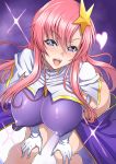  1girl :d bangs blue_eyes blush breasts capelet covered_nipples gloves gundam gundam_seed gundam_seed_destiny hair_ornament hands_on_own_knees heart heart-shaped_pupils long_hair looking_at_viewer meer_campbell open_mouth pink_hair shiny shiny_clothes shunzou skin_tight smile solo standing star star_hair_ornament symbol-shaped_pupils 